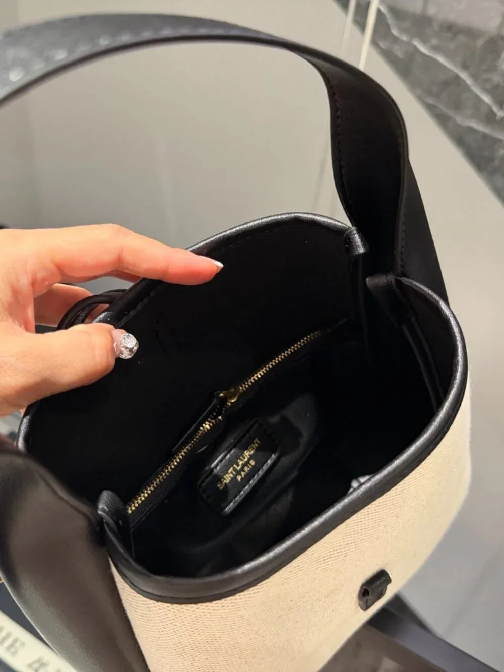 Saint Laurent Two-Tone Canvas Black Leather Hobo Bucket Bag